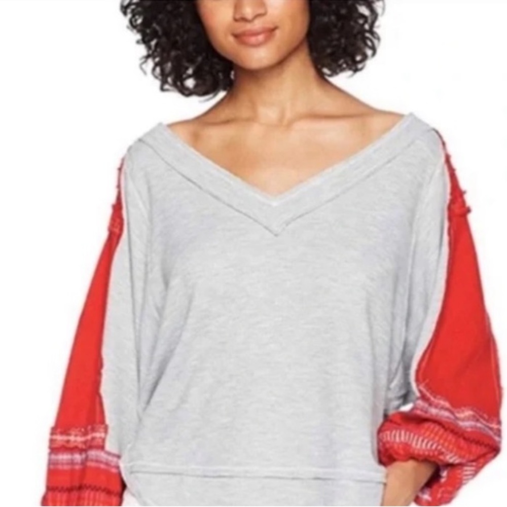 Gray and Red V-Neck Sweater - Picture 3 of 7